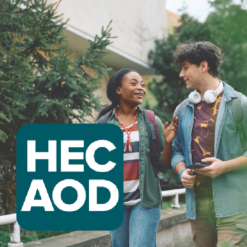 HECAOD logo over two young adults talking while taking a walk