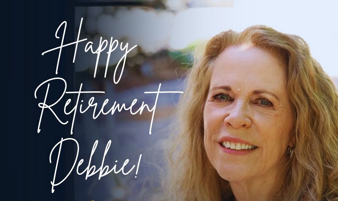 A retirement graphic from CASAT School of Public Health featuring a smiling woman with long blonde hair against a blurred outdoor background. Decorative script text reads "Happy Retirement Debbie!" Bold yellow text states: "For more than 20 years, Debbie Leone has helped students take the next step toward careers that strengthen prevention, treatment and recovery services in communities across Nevada and beyond." The University of Nevada and CASAT School of Public Health logos appear in the bottom right corner.