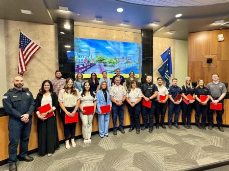 Manda Brown, Michelle Berry, Bryana Guerra-Carrera, Sarah DiNatale, Kaitlyn Witt and Sophia Bassi receive awards for their quick actions saving a contractor's life.